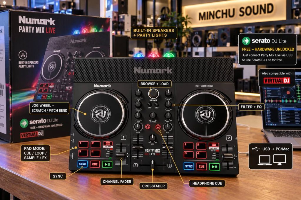💻 ទាញយក និងដំឡើង Serato DJ Lite ពីគេហទំព័រផ្លូវការ រួចភ្ជាប់ Numark Party Mix Live តាម USB។🎧 បើក Serato DJ Lite → ជ្រើស Party Mix Live → ផ្ទុកបទចម្រៀង ហើយចាប់ផ្តើម Mix បានភ្លាមៗ។
